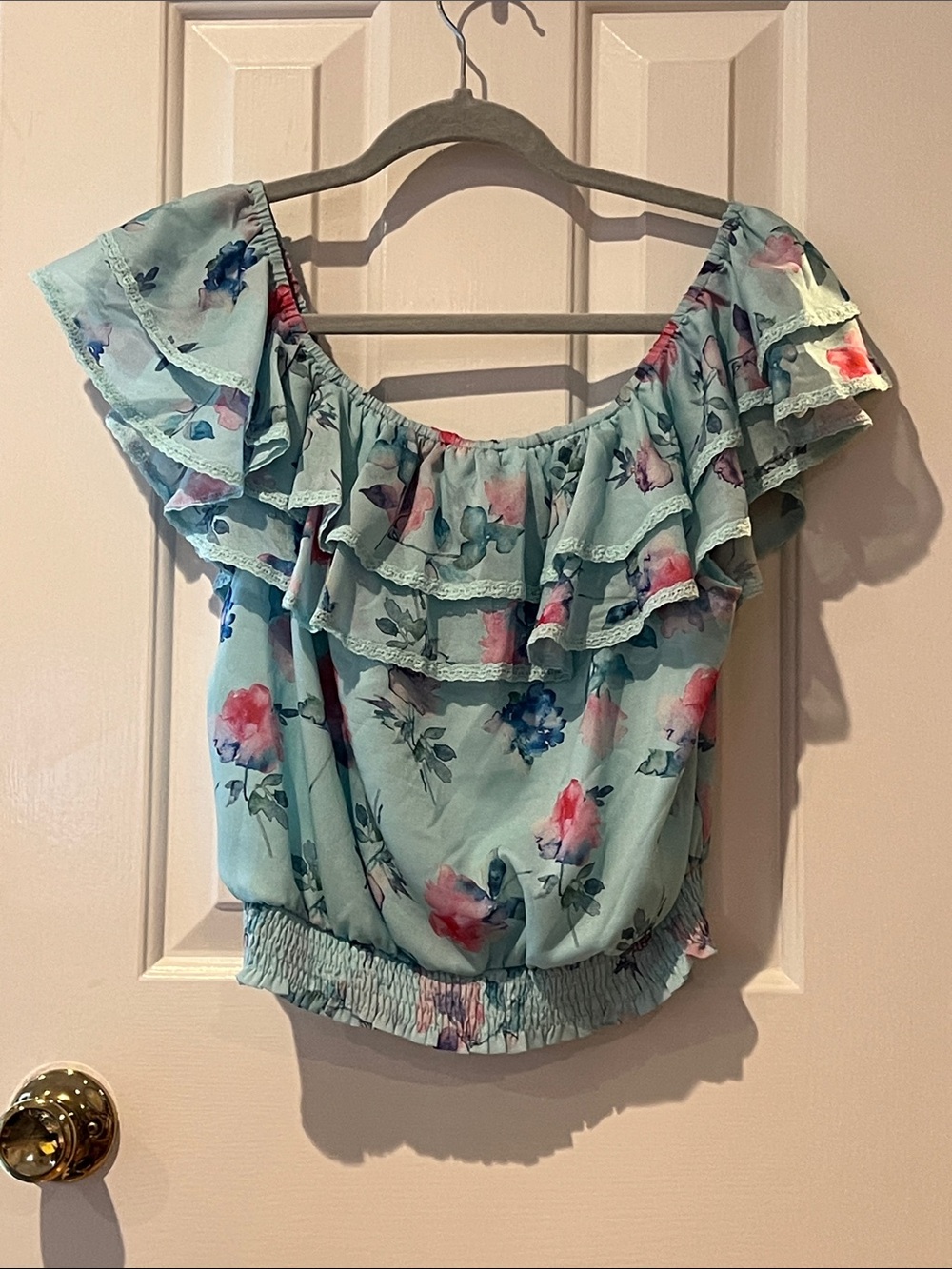 Floral Off-Shoulder Ruffle Blouse - Mint Green